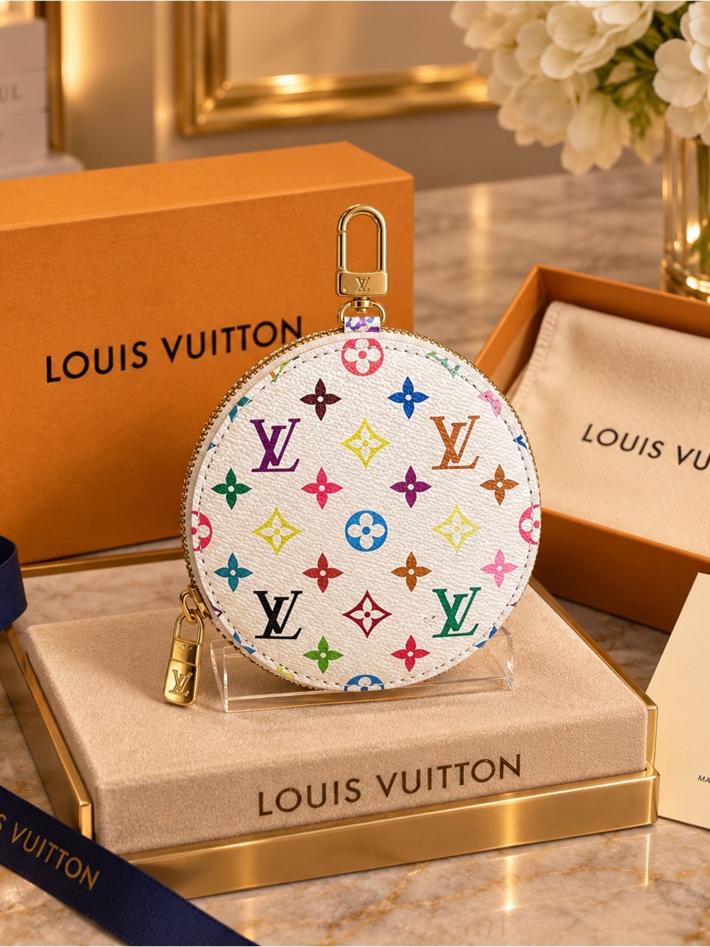 White Multicolor Monogram Round Coin Pouch with Gold Hardware